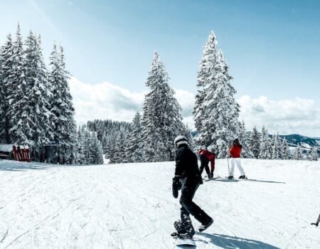 A group of snowboarders and skiers enjoying a sunny winter day on a snowy slope surrounded by trees.